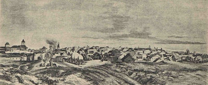 Bucurestii vazuti inspre Curtea Arsa, dupa Bouquet - 1840